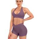 TDIFFUN Women Workout Sets 2 Piece V Neck Halter Sports Bra High Waisted Crossover Booty Gym Shorts Yoga Outfits Small