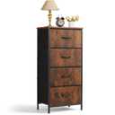 Nightstand, 4 Drawer Dresser End Table Bedside Furniture with Wooden Top Steel Frame Fabric Bins for Bedroom, Closet, Entryway, Dorm, Living Room, Brown