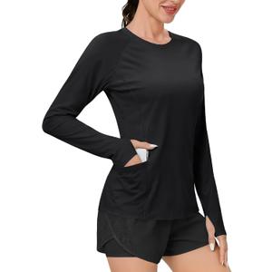 TACVASEN Sun Shirt Women Long Sleeve Athletic Yoga UPF 50+ Tops with Thumb Holes Quick Dry UV Protection Running Shirts (Black, M)