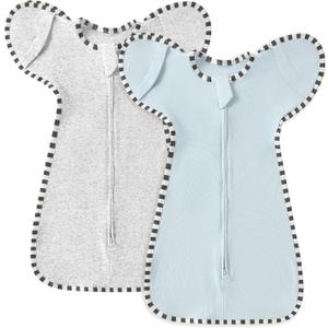 Soft Cotton Swaddle Blanket, Arms Up Baby Sleep Sack, Wearable Sleep Bag for Boys Girls (Light Blue + Light Grey, M(3-6 Months))