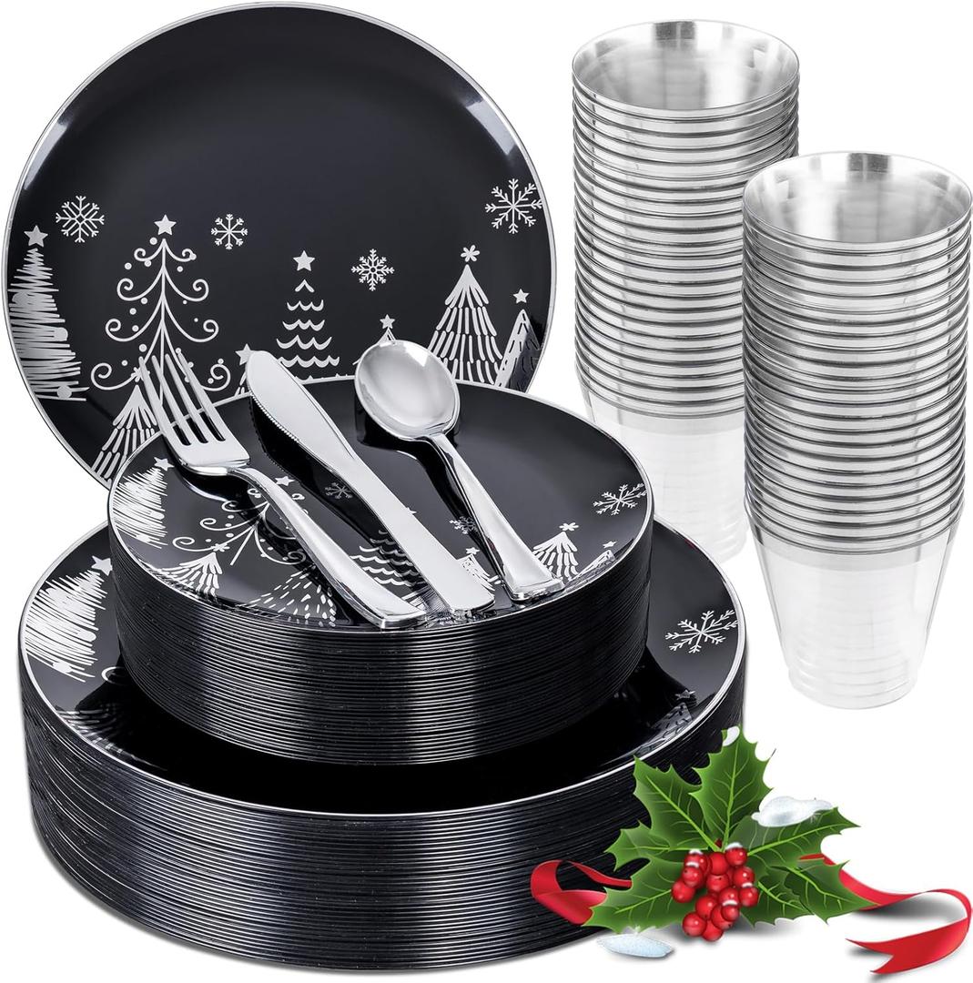 KIRE 150PCS Christmas Plates Disposable & Dinnerware Set for 25 Guests - Black & Silver Plates, Plastic Silverware & Cups With Silver Rim for Christmas/New Year