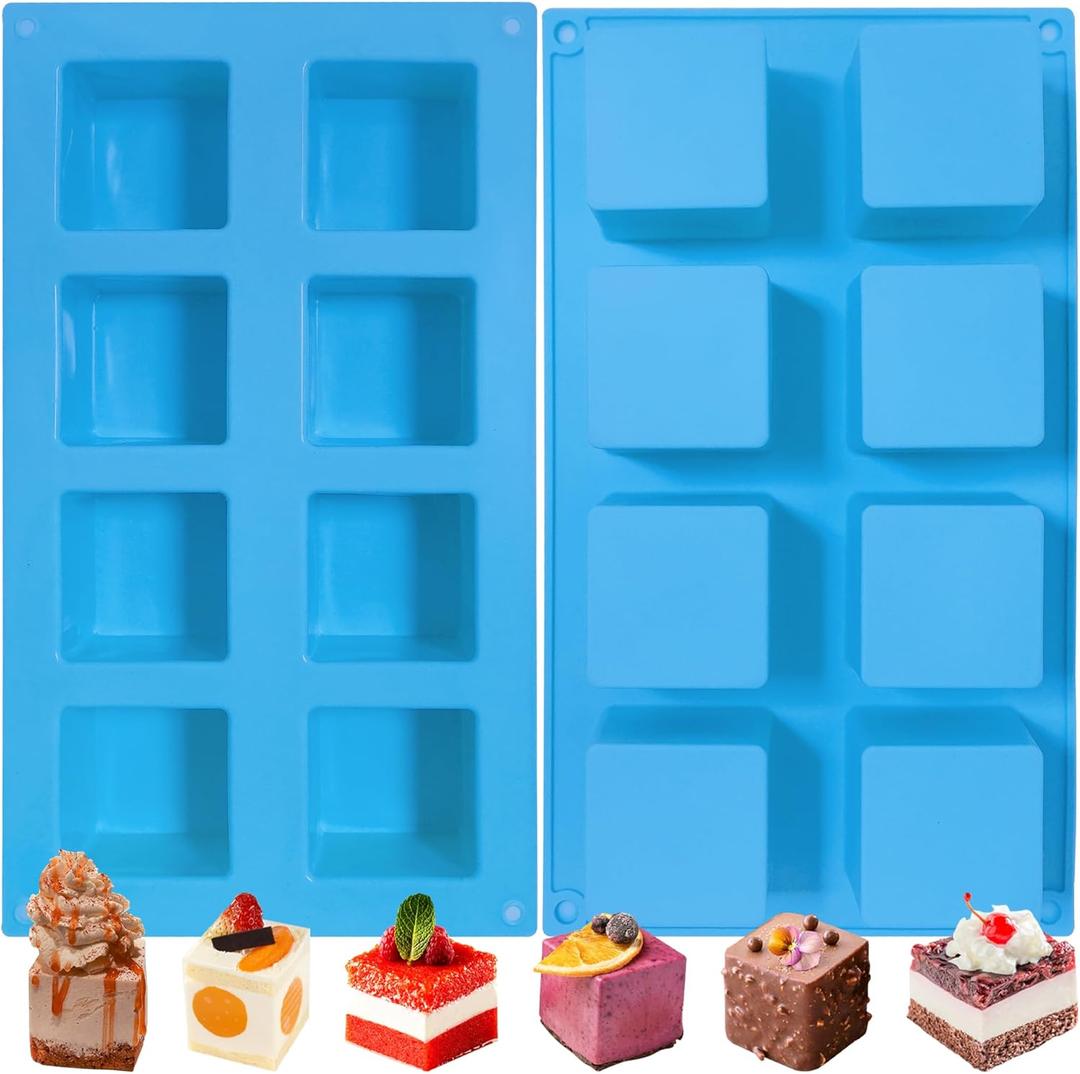 Sidosir 2Pcs 2inch Square Cube Silicone Mold for Mousse Cake, French Dessert Molds for Chocolate Brownie Bites, Brownie, Ice cream, Truffle, Jelly (Blue)