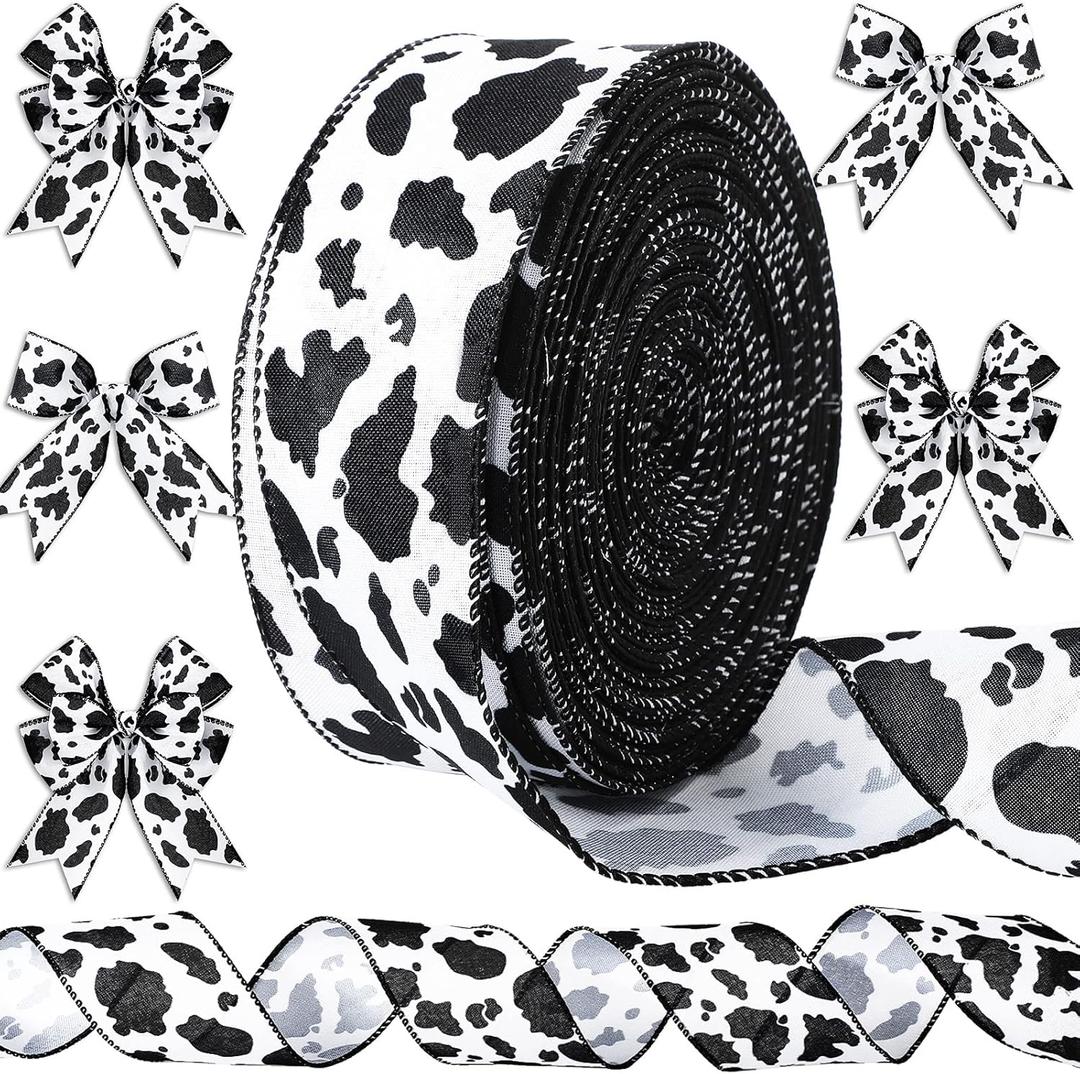 Berlune 50 Yards 2.5 Inch Cow Print Ribbons Wide Cow Ribbon White Black Craft Ribbons Long Wrapping Paper Gift Cow Party Favor Wired Edge Fabric Ribbon for Xmas Tree Wreath DIY Wreath Craft