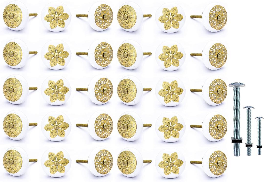NAQSH Ceramic Cabinet Knobs Kitchen Drawer Knob Handpainted Cupboard Door & Drawers Pulls (White & Golden, 12)