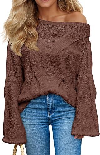 Saodimallsu Womens Off One Shoulder Sweaters Boat Neck Cable Knit Long Lantern Sleeve Loose Fall Trendy Pullover Tops, S, Coffee
