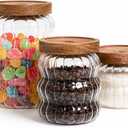 Yutrenn Glass Jar with Wood Lid Cute Decorative Glass Jars Canisters for Nut Coffee Sugar Glass Storage Jar Sets of 3 Size Clear Strip for Kitchen Storage Decor Gift for Christmas (12oz /20oz /27oz)