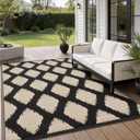 COOLTOP 9'x12 Outdoor Rug for Patios Porches, Waterproof Plastic Camping Rugs, Modern Reversible Mat, Large Area Rugs for Backyard, Deck, RV, Balcony, Picnic, Beach, Black & Beige