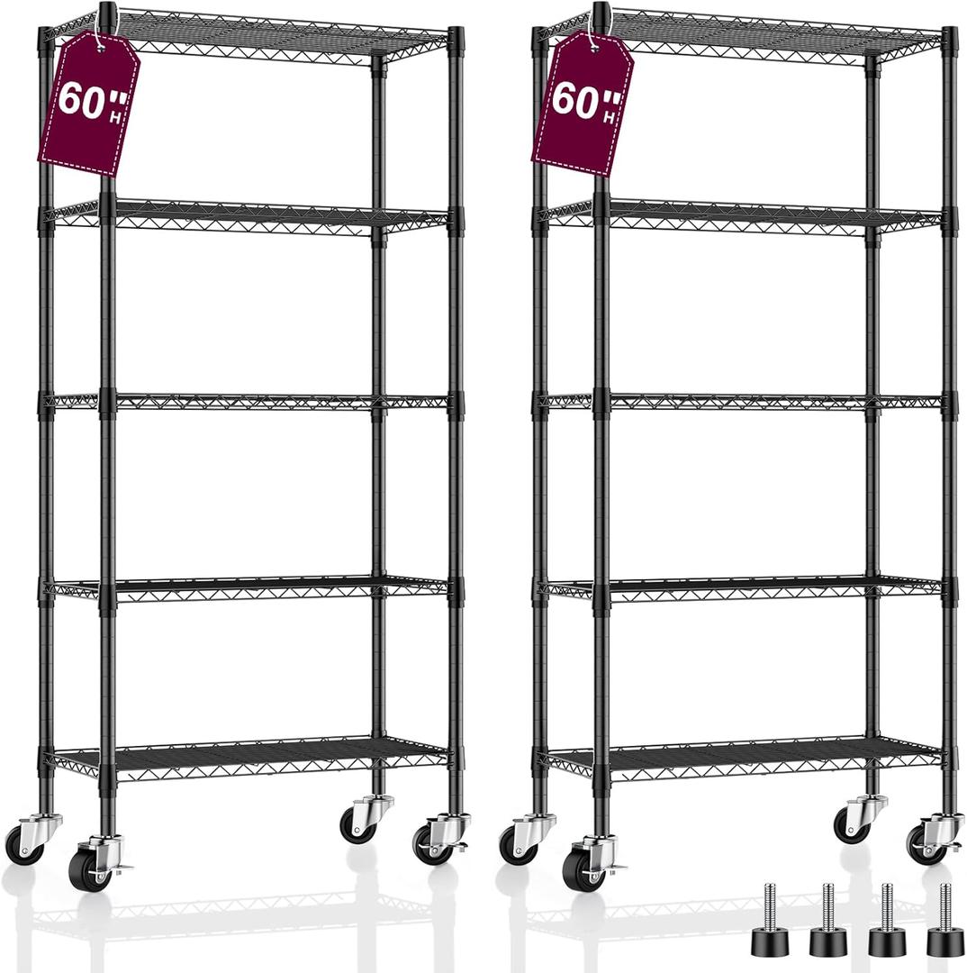 2 Pack 5-Tier Metal Wire Shelving Unit with Wheels & Feet, 14" D x 30" W x 60" H,750 lbs Capacity Adjustable Heavy Duty Steel Wire Rack Storage Shelves for Kitchen, Garage, Pantry 2 Pack 5-Tier Metal Wire Shelving Unit with Wheels & Feet, 14" D x 30" W x 60" H,750 lbs Capacity Adjustable Heavy Duty Steel Wire Rack Storage Shelves for Kitchen, Garage, Pantry