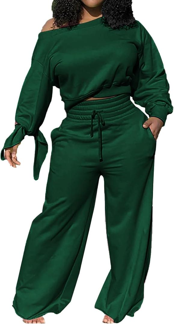 Casual 2 Piece Outfits for Women Sexy Long Sleeve Sweatsuit Jogging Long Pants Sets Tracksuit with Pockets (Small, Dark Green)