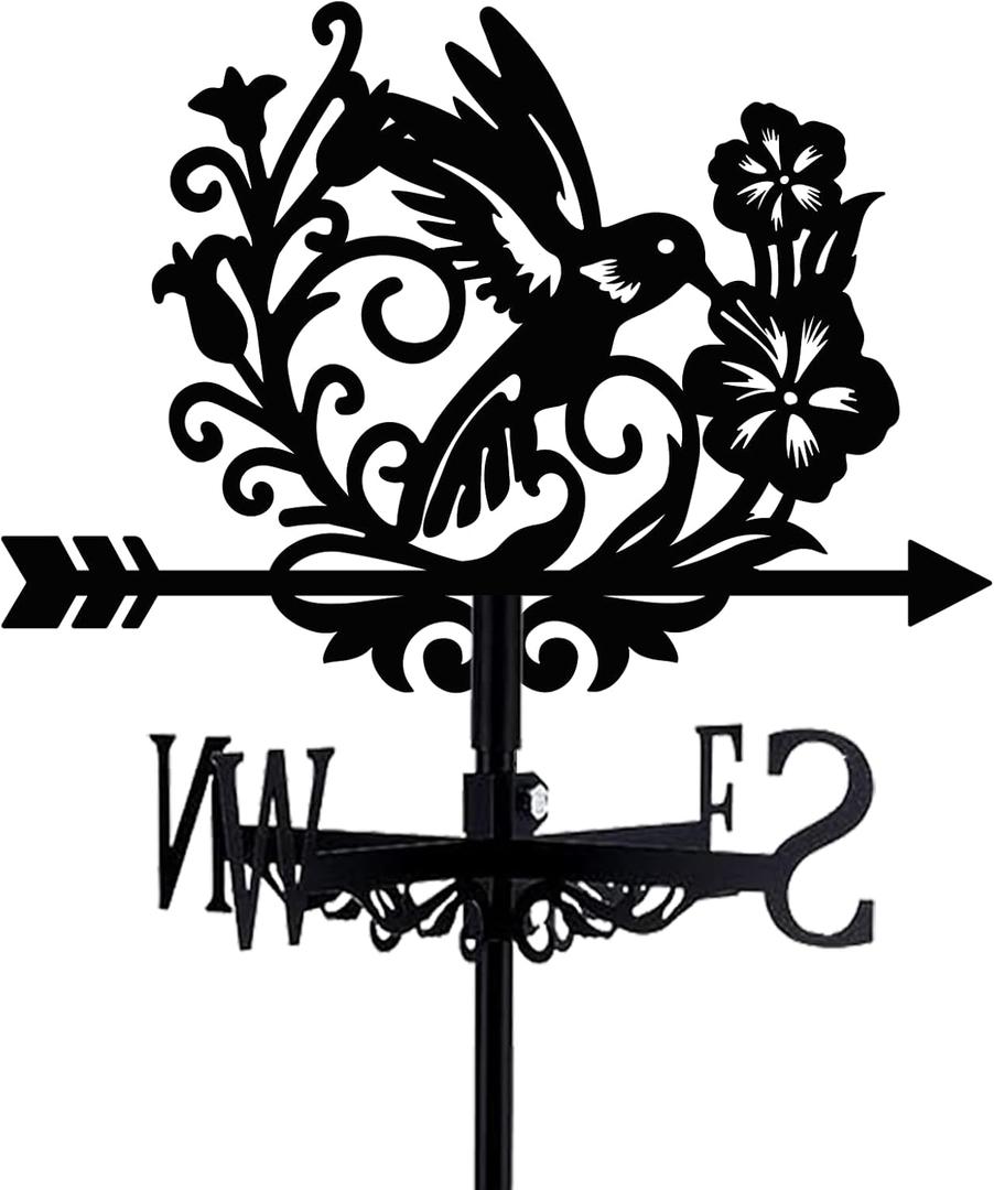 Bird Weathervane 26 Height Black Metal Hummingbird with Flower Weather Vane Roof Garden Direction Sign Windmill Wind Cups & Brackets for Outdoor Farmhouse Decoration Garden Yard Home Decor