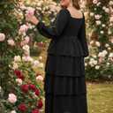 EYWOL Womens Plus Size Floral Tiered Ruffle Long Sleeve Evening Party Wedding Guest Dress (Black, M)