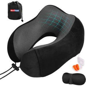 Airplane Pillow, Travel Neck Pillow with Memory Foam - Adjustable Buckle & Machine Washable Cover for Flights, Car, Office - Includes Eye Mask & Ear Plugs(Black) (Black and Gray)