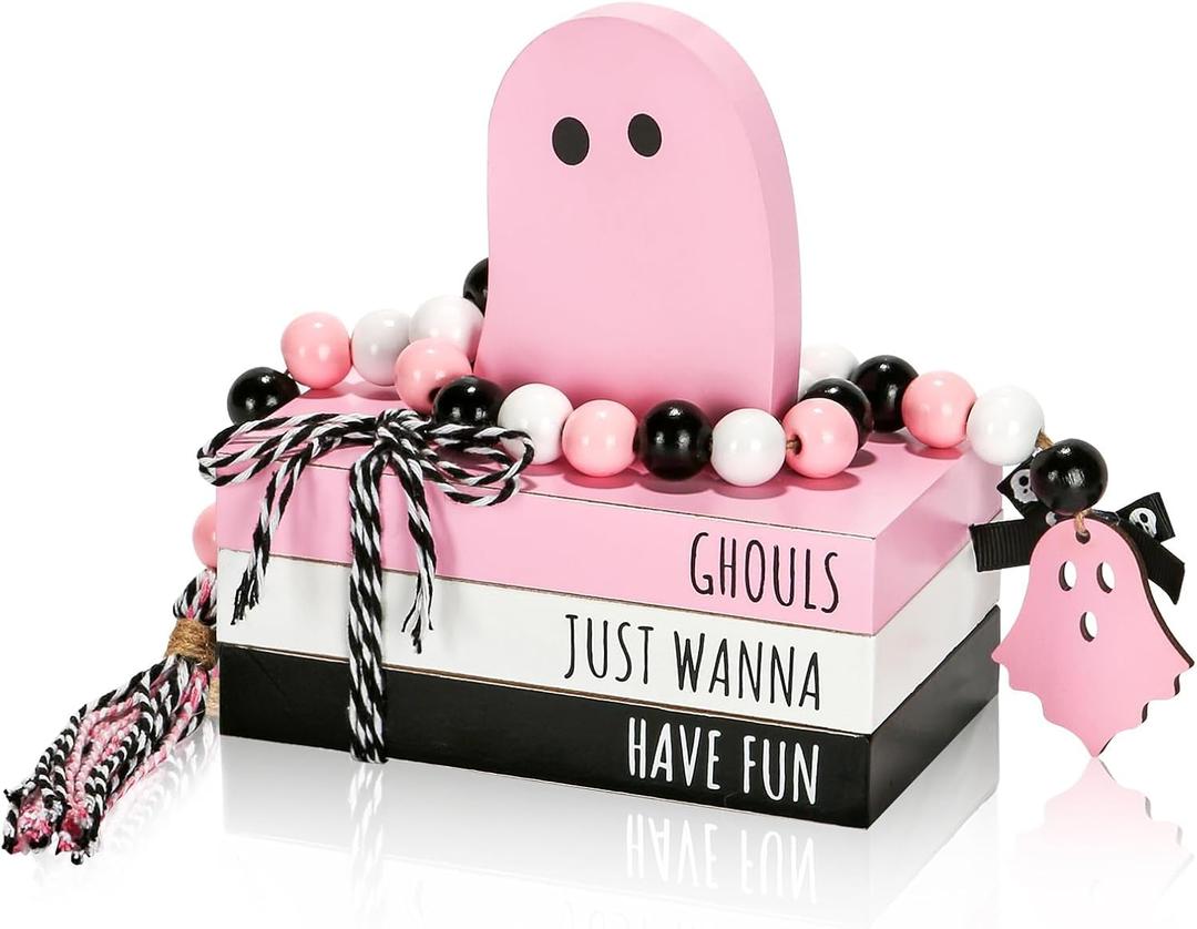 Pink Halloween Decorations 5PCS Table Centerpieces, Cute Girlie Tabletop Halloween Decor for Tiered Tray Shelf Mantel Fire Place Office Desk Rustic Farmhouse Wood Faux Book Stack and Ghosts Sign