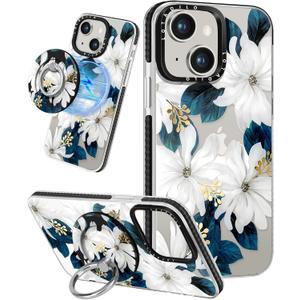 for iPhone 15 Case for Women - Girls Kawaii Design Compatible with Magsafe Magnetic Ring Holder Stand Blue Flower Phone Covers Aesthetic Girly TPU Funda for 15