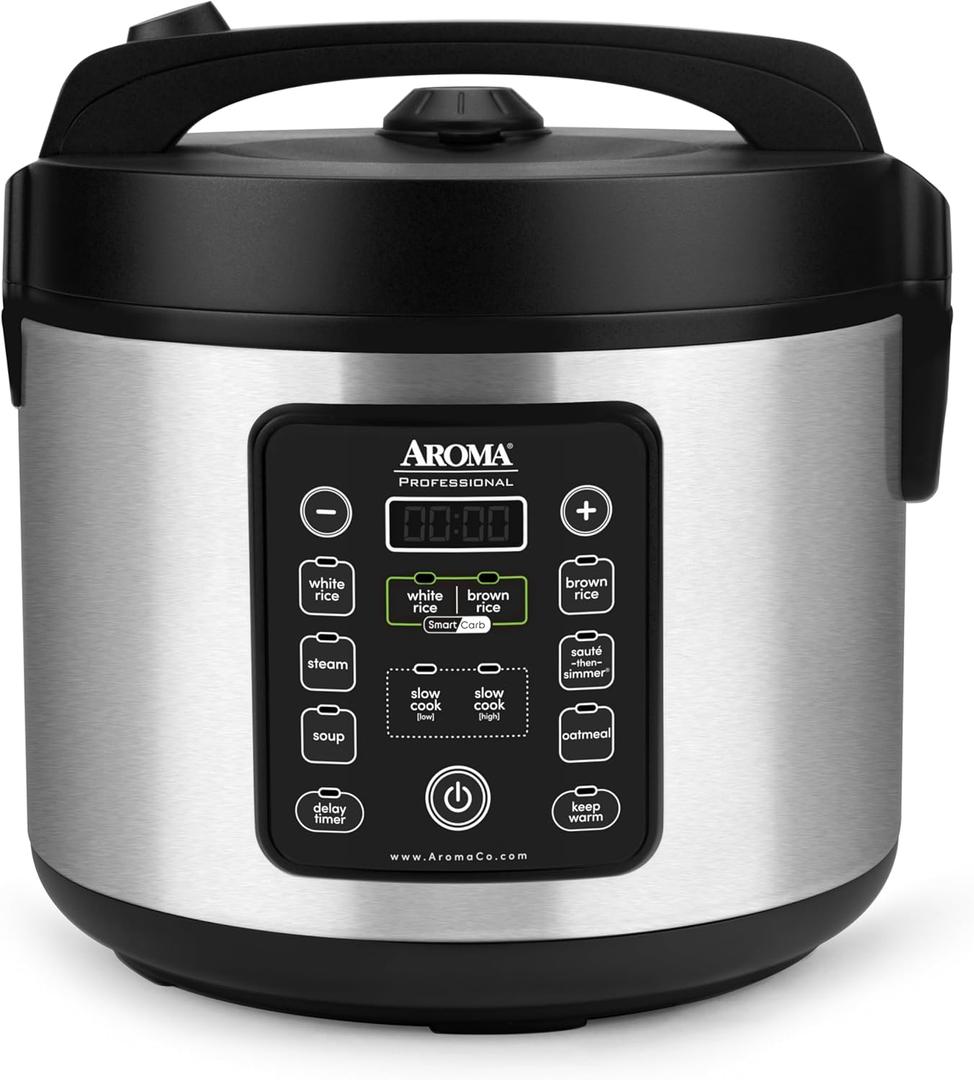 Aroma Housewares ARC-1120SBL SmartCarb Cool-Touch Stainless Steel Rice Multicooker Food Steamer, Slow Cooker with Non-Stick Inner Pot and Steam Tray, 20-Cup(cooked)/ 5Qt, Black