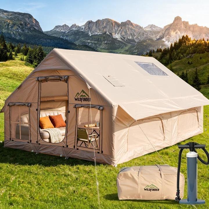 Inflatable Tent with Skylight, Quick Setup Blow Up Tents with Pump, Hot Tent with Stove Jack, Waterproof Oxford Inflatable House for Camping, Air Glamping Tents for Camping Adult 8-12 Person, 118"L x 157"W x 79"H