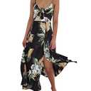 Fashionme Women Spaghetti Strap Midi Satin Dresses Tie Front Backless Slit Cutout Dress Semi-Formal/Casual Flowy Lightweight Black 2XL