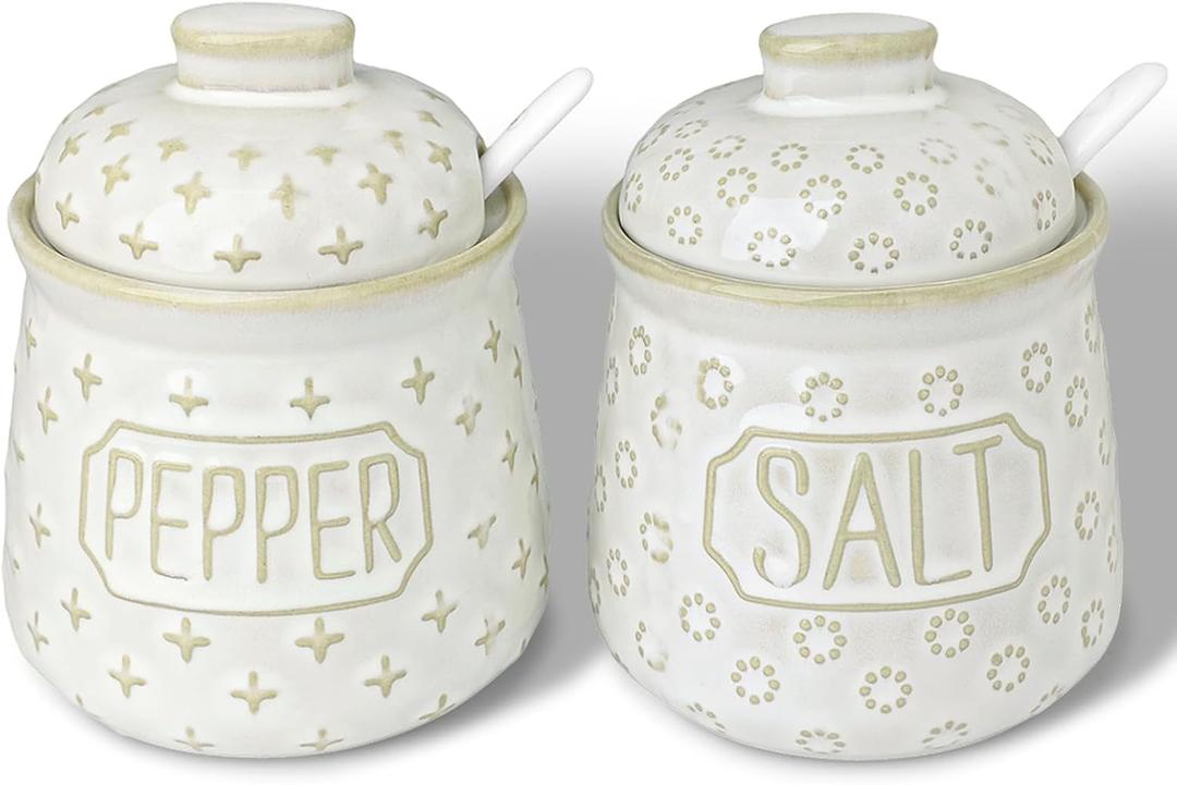 GDCZ 10 Oz Ceramic Salt and Pepper Bowls Set with Lid and Spoons, Seasoning Container, Dishwasher Safe, Set of 2 (White)