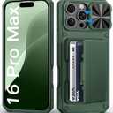 for iPhone 16 Pro Max Wallet Case, Built-in Credit Card Holder (4-5 Cards), Military Protection, Slide Lens Cover, Rugged Heavy Duty Women Men Protective Phone Case for iPhone 16Pro Max, Green