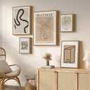 Large Framed Matisse Neutral Wall Art Set of 5, Abstract Beige Modern Minimalist Geometric Floral Canvas Prints for Living Room Bedroom Hallway Home Office
