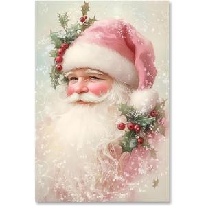 Yermidi Pink Vintage Santa Claus Christmas Wall Art Retro Holiday Canvas Print Festive Santa Artwork Poster Farmhouse Christmas Pictures Wall Decor for Living Room Fireplace 16x24inch Unframed