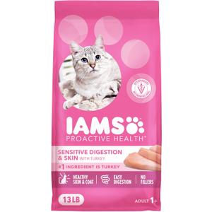 IAMS Proactive Health Sensitive Digestion & Skin Dry Cat Food, Adult Cat Food Dry Recipe with Real Turkey, 13 lb. Bag (EXP 02/22/26)