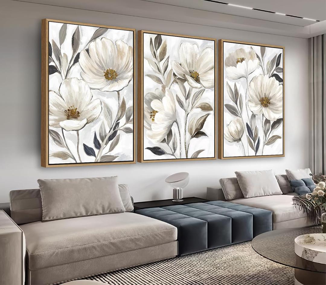 yearainn Floral Framed Wall Art - Beige White Flower Canvas Pictures Wall Decor Modern Blossom Painting Artwork Elegant Botanical Prints Living Room Home Decor Natural Wood Frame 24 x 16in * 3