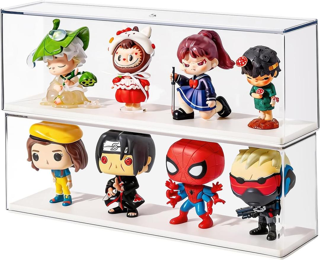 2 Pack Clear Acrylic Figures Display Case Stackable Box with Base, Dustproof Protector for Anime Figurine, Collectibles, Funko Pop, Model Cars - Home Office Display Showcase (14.6" L x 3.5" W x 4.9" H)