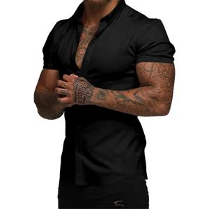JMIERR Men's Muscle Fit Dress Shirts Summer Casual Button Down Short Sleeve High Stretch Wrinkle-Free Shirt (Small, Black)