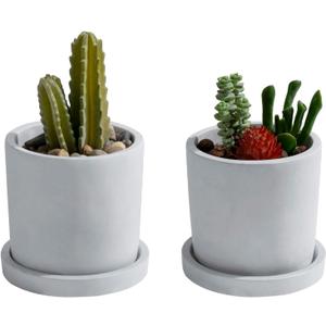MyGift Set of 2 Mini 4-Inch Gray Cement Succulent Planters  Modern Unglazed Concrete Plant Pots with Removable Saucers