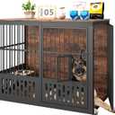 Yafylly 48 Inch XXL Dog Crate Furniture, Wooden Chewproof Dog Kennel with Interactive Window, 360 Adjustable Bowls (5 Heights), Storage Table Top, Heavy Duty XL Dog Crate for Medium Large Dogs, Brown