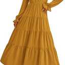 PRETTYGARDEN Long Sleeve Dress for Women Fall V Neck Tiered A Line Spring Elegant Modest Flowy Wedding Guest Maxi Dresses (Brown Yellow,XX-Large)