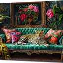 Cheetah Lying On Vintage Sofa Canvas Wall Art Eclectic Leopard Wall Decor Pictures Dopamine Animal Portrait Poster Prints for Living Room Home Bedroom Home Decoration 24x36in Ready to Hang