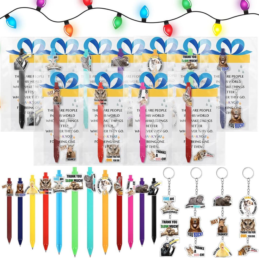 Sayglossy 24 Sets Employee Appreciation Gifts Bulk Funny Puns Animal Ballpoint Pens Acrylic Keychains Thank You Card Gift for Cna Week 2026 Nurse Coworkers Team