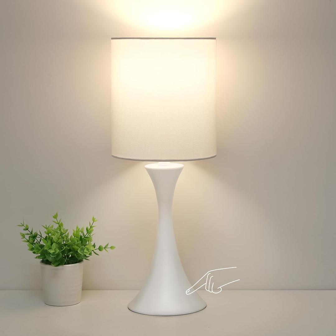 Modern Table Lamps, 3 Way Touch Control Table Lamp, Dimmable Desk Lamp, White Nightstand Lamp with Fabric Shade, Small Bedside Lamp for Living Room, Dorm,Home Office, LED Bulb Included