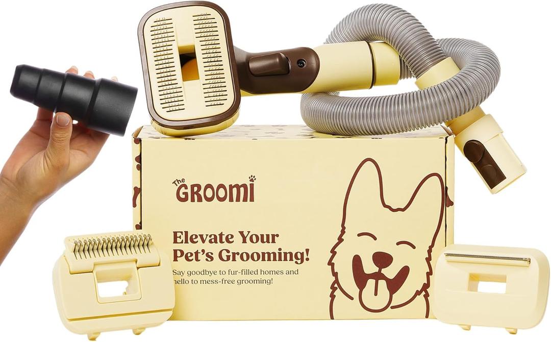 The Groomi Pet Brush Kit - 3-in-1 Dog & Cat Hair Grooming Kit, Pet Hair Remover Works with Dyson & Universal Vacuum Attachment, Mess-Free, Reduce Shedding, Short, Long or Medium Pet Fur, All Breeds