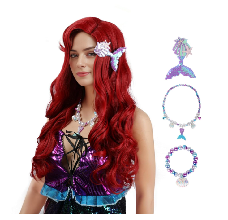 Red Mermaid Wig adult, Red Curly Wig Long, Halloween Costumes Wigs For Women