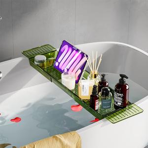 Bathtub Caddy Tray, Adjustable Bath Tray for Tub, Bath Accessories, Tub Caddy for Bathroom Luxury Spa, Expandable Size Bath Tub Organizer with Anti-Slip mat, Fits Most Tubs (Green)