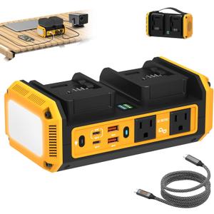350W Pure Sine Wave Power Inverter Compatible with Dewalt 20V Batteries, Dual-Battery Auto-Switch, DC 20V to AC 120V, 140W USB-C PD, 600lm LED Light (Battery Not Included) (Yellow)