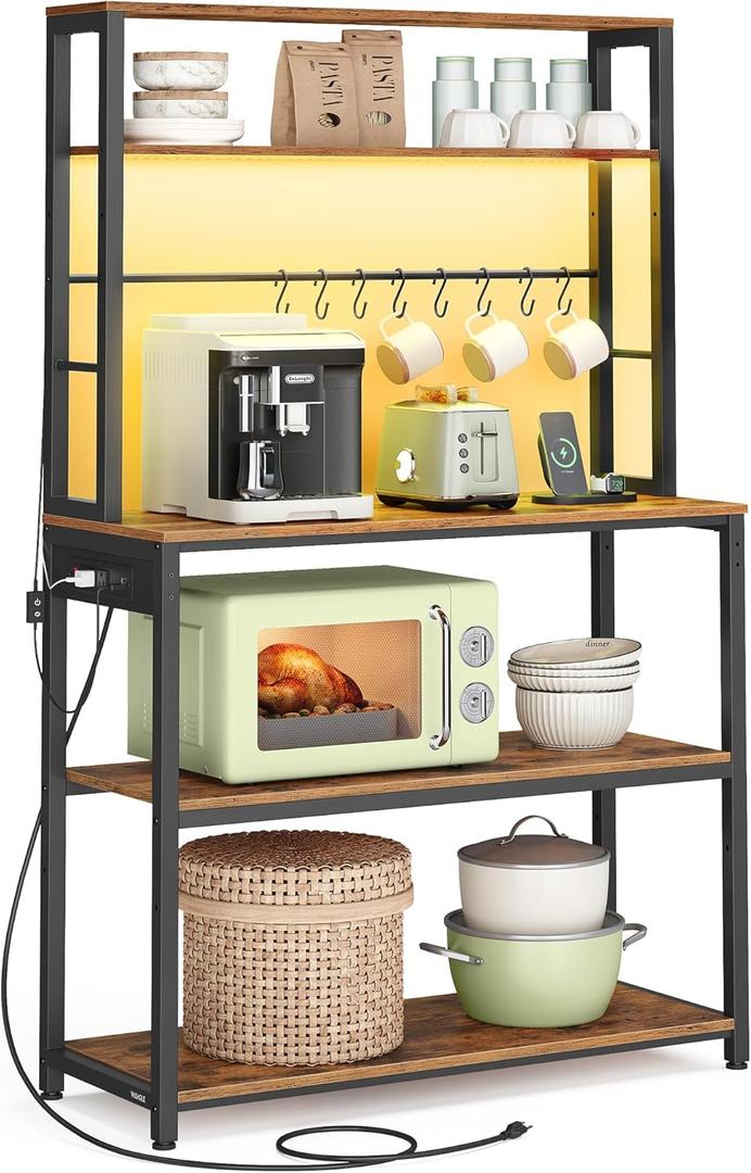 VASAGLE Coffee Bar with LED Lights, Kitchen Bakers Rack with Power Outlet, Microwave Stand with Adjustable Shelves, 8 Hooks, 15.7 x 31.5 x 65.7 Inches, Rustic Brown and Matte Black UKKS050K01