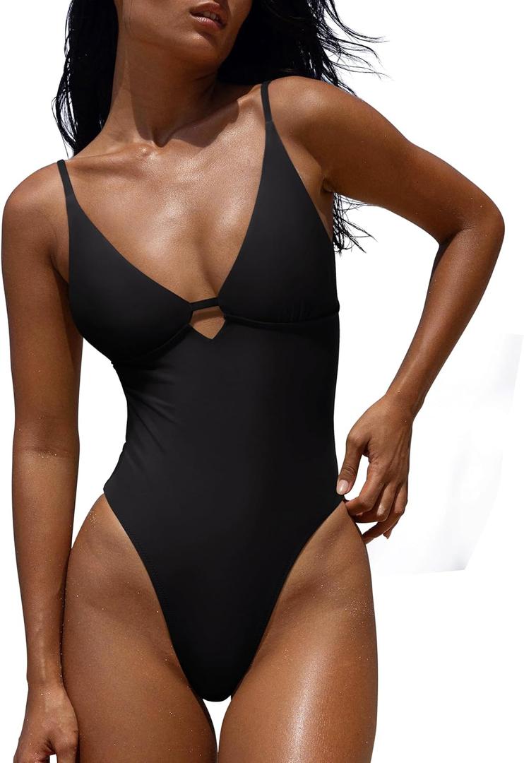 LASLULU Women's Sexy One Piece Swimsuits V Neck Padded Bathing Suit Modest Front Cutout Open Back Slimming Swimsuit (Black, S)