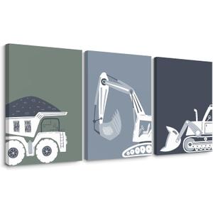 Construction Truck Wall Art Decor Toddler Boys Room Canvas Wall Art Tractor Vehicle Posters Dump Truck Wall Art Kids Bulldozer Pictures Nursery Prints for Boys Bedroom 12x16x3 Inch Wrapped Canvas