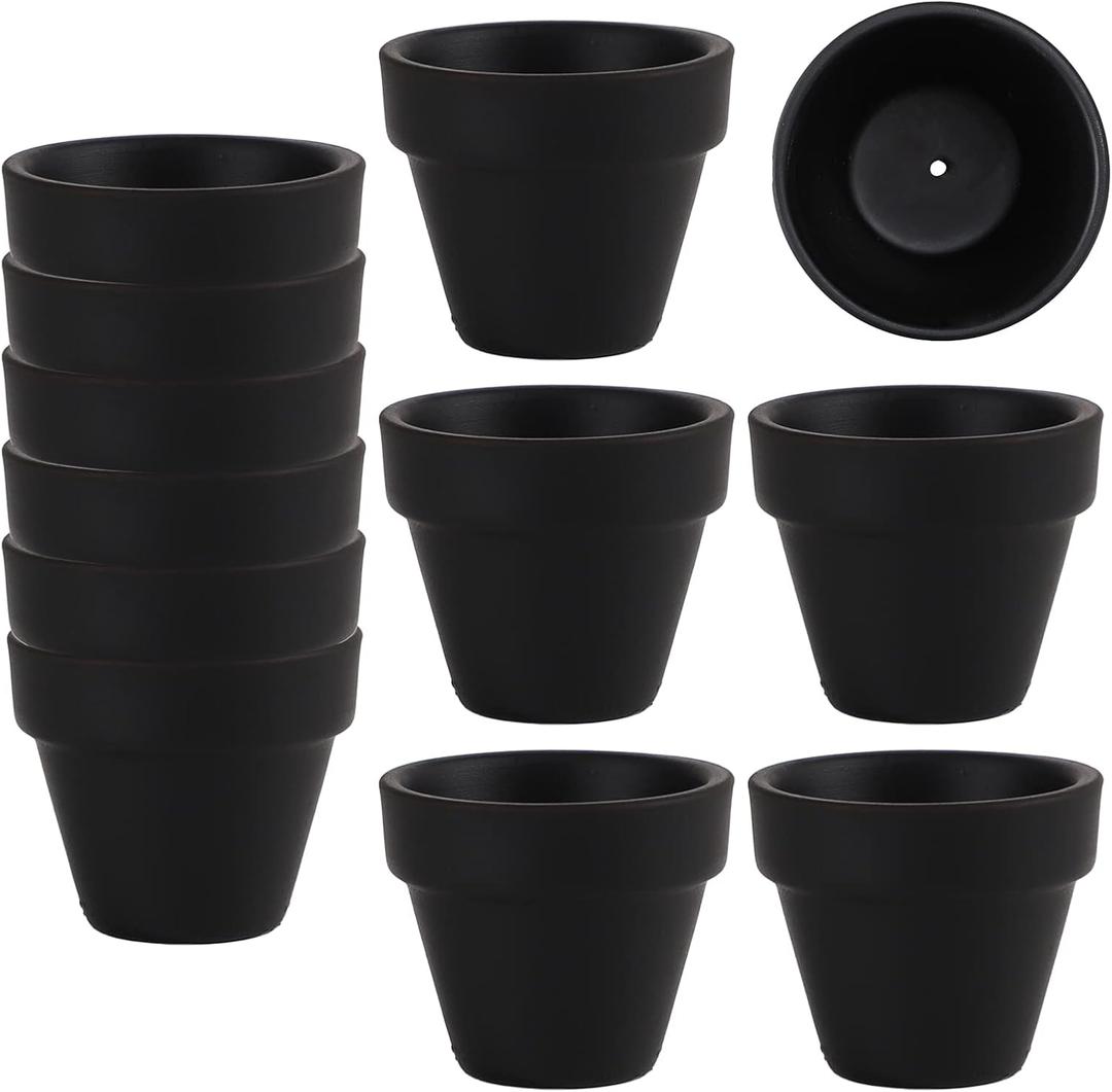 Fcacti Mini Black Terracotta Clay Flower Pots 2 inch with Drainage Holes for for Tiny Cactus Herb lithop, Small Succulent Planter Nursery Plant Pot