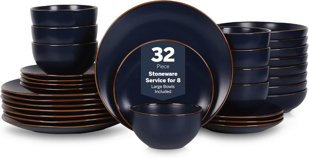 Stone Lain Brasa Modern Stoneware 32 Piece Dinnerware Sets, Plates and bowls Sets, Dish Set for 8, Blue