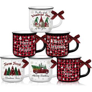 6 Pcs Christmas Mini Coffee Mugs Gifts with Plaid Ribbons Red Black Plaid Xmas Tree Truck 5 oz Christmas Ceramic Cups for Tiered Tray Decor Holiday Party Bar Kitchen Decorations
