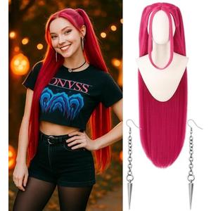 Swooflia Pink Straight Wig for Women & Cosplay Accessories - Convenient Set Includes Adjustable Wig Cap, Earings, Cosplay Wig for Halloween, Costume, Party and Daily Use
