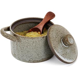 Honeydak Speckled Ceramic Salt Cellar with Lid and Wooden Spoon, Rustic Farmhouse Salt Pepper Cellar Holder for Valentines Day,Housewarming Gift, Heavyweight Spices Jar(Light Gray,1 Set)