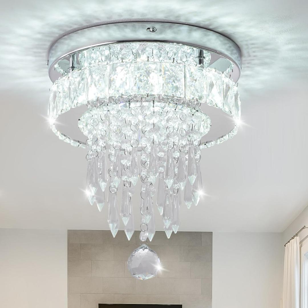 LEONTYNE 9.8" Small Flush Mount LED Crystal Chandelier with K9 Crystals & Steel Frame, Ceiling Light Chandelier for Bedroom Dining Living Hallway (6000K Cool White)