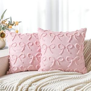 SmoothNovelty Pink Bow Pillow Covers 18x18 Set of 2 Coquette Preppy Room Decor Stuff Decorative Embroidered Pillow Cases Cute Aesthetic Fluffy Plush Bowknot Cushion Covers for Bedroom Couch Sofa