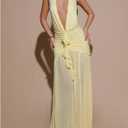 SHENHE Women's Sexy Halter Deep V Maxi Dress Open Back High Slit Ruched Ruffle Party Cocktail Dress (Yellow, M)